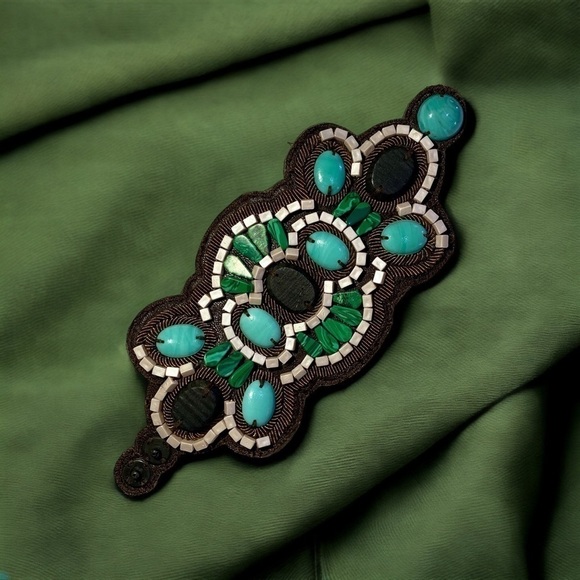 STELLA & DOT Cortez Cuff Turquoise, Green Glass, Brown Leather One Size (EUC) - Picture 11 of 14